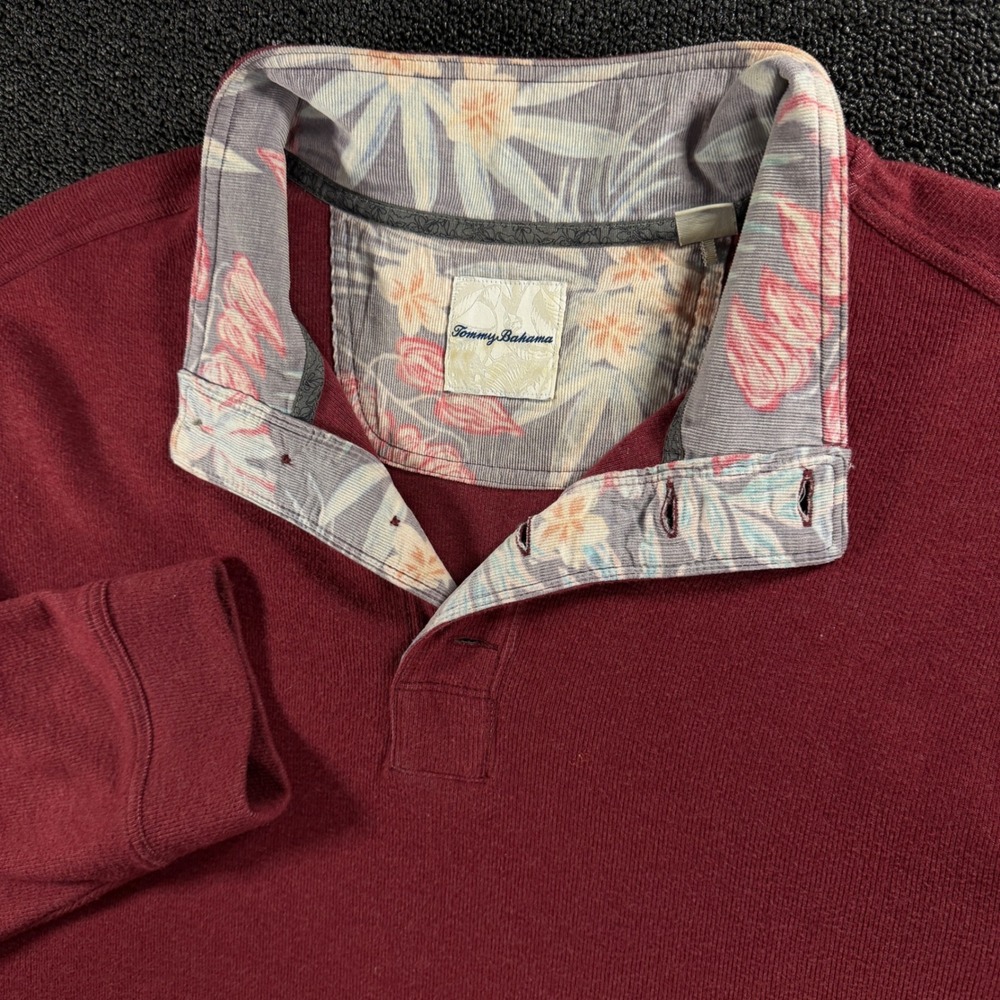 Tommy Bahama Mens XXL Burgundy Red Floral Collar 1/4 Button Pullover Sweater
